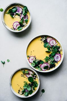 three bowls filled with soup and vegetables on top of a white countertop next to green leaves