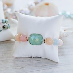 Morganite and Chalcedony Stretch Bracelet - Devi & Co Date Night Ideas Romantic, Flower Petal Jewelry, Tropical Gifts, Birthday Presents For Mom, Girlfriend Jewelry, Romantic Date Night