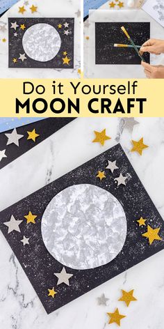 the moon craft is made with black paper and gold stars on it, while someone uses scissors