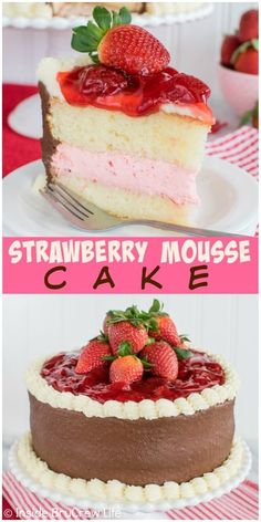 strawberry mousse cake with chocolate frosting and fresh strawberries on top