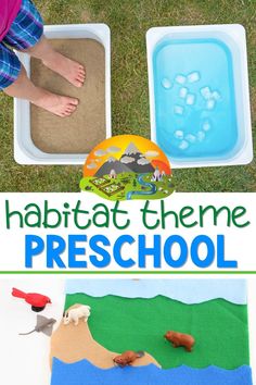 a child's feet in the sand next to a plastic tray with water and rocks