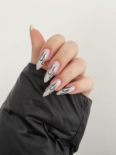 Flame Tip Nails Almond, Fire Nails Designs Almond, Almond Nails Designs Flame, Edgy Nails Almond Shape, Almond Fire Nails, Flame Nails Acrylic Almond, Acrylic Nails Fire Design, Almond Nails Flames, Almond Nails With Flames