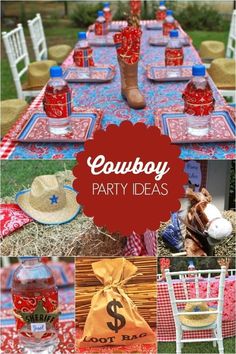 this is an image of a party table with cowboy decorations and red white and blue napkins