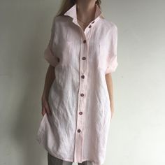 "Loose linen tunic with pockets. Great choice when you need comfortable and stylish outfit combination. You can wear it with trousers, leggings, shorts, skirts. The good thing about tunics is that you can wear them also by themselves with nothing or for example as beach cover ups. Linen tunic dress is perfect for warm days and vacation. As linen regulates body temperature, is lightweight and really absorbent, which makes it the perfect fabric for summer. ABOUT Length of this linen tunic is ± 85 Beige Relaxed Fit Shirt Dress For Beach, Pink Bohemian Linen Dress, Summer Tunic With Buttons And Relaxed Fit, Linen Shirt Dress With Pockets For Beach, Short Sleeve Linen Dress For Vacation, Pink Linen Dress For Vacation, Pink Short-sleeved Linen Dress, Summer Linen Dress With Pockets For Daywear, Linen Tunic Shirt Dress For Daywear