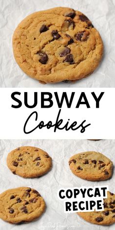 two pictures with the words subway cookies on them and an image of chocolate chip cookies