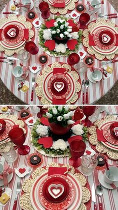 the table is set for valentine's day with red and white plates