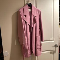 Never Worn Fitted Sweater Coat With Pockets For Spring, Fitted Spring Sweater Coat With Pockets, Spring Workwear Sweater Coat With Lapel Collar, Fitted Sweater Coat With Lapel Collar For Spring, Chic Fitted Sweater Coat With Pockets, Tailored Pink Outerwear With Pockets, Tailored Long-sleeved Pink Outerwear, Pink Tailored Long Sleeve Outerwear, Pink Coat