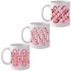 two white coffee mugs with the word mom printed on them and candy canes