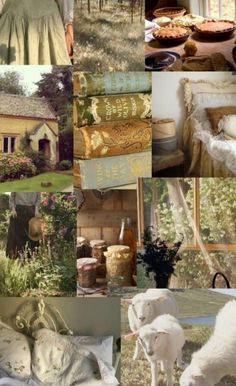 a collage of pictures with animals and people in the background, including an old house