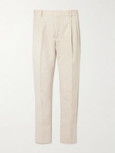 Loro Piana is renowned for its fine craftsmanship and premium fabrics – the brand has been manufacturing the highest quality textiles since 1924. Tailored from a lightweight cotton and linen-blend, these 'City' trousers are cut for a straight fit and have pleats at the front for added shape. Luxury Cotton Pants, Luxury Pants With Pressed Crease, Elegant Beige Pants For Wedding, Elegant Beige Wedding Pants, Elegant Cotton Pants For Wedding, Loro Piana Men, Cream Pants, Its Fine, Formal Pants