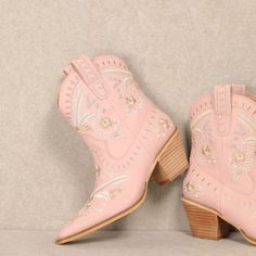 Introducing Our Corral Botanical Embroidered Cowgirl Booties! These Light Pink Booties Are Cute, Playful, And Perfect For Any Cowgirl Looking To Add A Touch Of Whimsy To Their Outfit. Let These Booties Be Your Go-To Statement Piece. Yee-Haw! True To Size Floral Embroidered Boots For Spring Festival, Floral Embroidery Boots For Spring Festival, Embroidered Boots For Spring Festivals, Spring Festival Embroidered Boots, Trendy Embroidered Summer Boots, Spring Festival Fitted Boots, Spring Fitted Boots For Festival, Feminine Pink Boots For Spring, Fitted Boots For Spring Festival