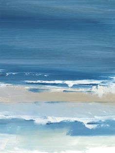 an abstract painting of blue and white waves in the ocean with light sand on the beach