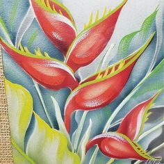 a painting of red flowers and green leaves