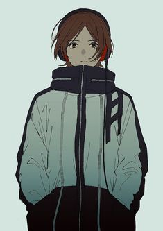 an anime character with brown hair wearing a blue and black jacket, standing in front of a gray background