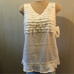 New From Sf Home. Runs A Bit Large. Fits More Like A Medium. Vintage Sleeveless Ruffled Tops, Soft-washed Cotton Top For 4th Of July, Chic Ruffled V-neck Camisole, Feminine V-neck Ruffled Camisole, Spring V-neck Ruffled Tank Top, Boho Peasant Top, Doll Blouse, Denim Tunic, Bohemian Tunics