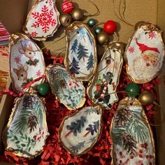 a box filled with christmas ornaments on top of a table