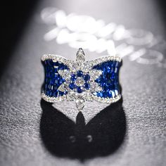 Blue Zircon Inlay Flower Engagement Ring Women Wedding Fine Jewelry Fancy Crown, Sapphire Birthstone Ring, Crown Women, Sapphire Birthstone, Flower Engagement Ring, Wedding Party Jewelry, Big Rings, Zircon Ring, Lovely Ring