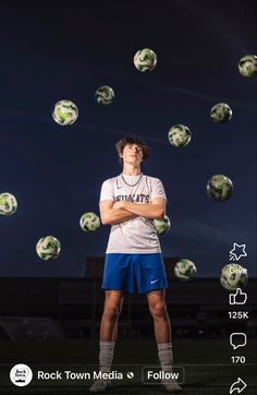 a man standing on top of a field with soccer balls flying in the air behind him