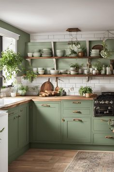 a kitchen filled with lots of green cupboards and pots on top of wooden shelves