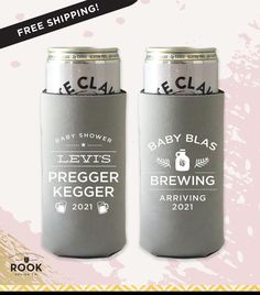 two beer cans with the label baby bla's pregger keger