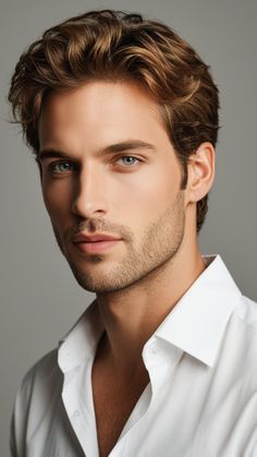 a man with blue eyes and a white shirt on is looking at the camera while posing for a photo