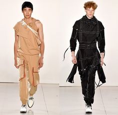 Yajun Melody Lin 2019 Spring Summer Mens Runway Catwalk Looks Collection - New York Fashion Week NYFW - Asymmetrical Drawstring Cinch Cargo Utility Pockets Pants Funnel Neck Check Snap Buttons Tearaway Strings Spring Summer Runway, Mens Runway, Bandeau Crop Top, Pockets Pants, Utility Pockets, Runway Looks, Sheer Chiffon