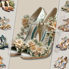 many different types of shoes with flowers on them