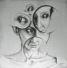 a black and white drawing of a woman's face with three circles around her