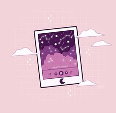 an image of a tablet with stars and clouds on the screen in the sky above it