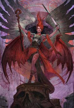 a woman with red hair and wings holding two swords in her hands while standing on top of a rock