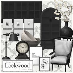 black and white interior design board with chair, lamp, vase, clock and wallpaper