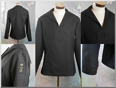 This Royal Navy dark blue wool sailor uniform shirt has, unsurprisingly, a wide Sailor collar, long sleeves with two navy buttons on the cuff, and a badge on the left upper arm with a crown above a stylized trident. The military Cracker Jacket naval shirt slips on, and is in excellent condition. Chest = 44 inches (111.76cm) (the extra space here allows a bit of room, but this is best fit for XL 42 US/UK) Shoulders = 19.5 inches (49.53cm) Sleeve Length = 27 inches (68.58cm) Shirt Length = 27 inch Long Sleeve Workwear Uniforms, Formal Long Sleeve Uniform, Military Uniforms Long Sleeve Formal, Military Style Long Sleeve Formal Uniforms, Long Sleeve Military Formal Uniforms, Formal Military Uniform With Long Sleeves, Royal Navy Uniform, Navy Uniform, Navy Uniforms