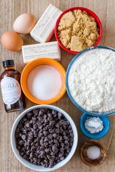 ingredients to make chocolate chip cookies laid out on a table