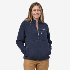 One of the comfiest styles is now made in one of our comfiest fabrics. The Retro Pile Marsupial, made with double-sided, high-pile shearling fleece that’s as soft and cozy on the inside as it is on the outside, is perfect for relaxing rest days, campfire nights and primo bouldering conditions. The generous, quarter-length zipper makes pulling it on and off between goes hassle-free. Vislon® zippers finished with grosgrain pulls secure chest and marsupial handwarmer pockets. Easy elastic binding f Patagonia Retro Pile Fleece, Patagonia Retro Pile, Patagonia Style, Patagonia Sweatshirt, Patagonia Retro, Patagonia Fleece, Rest Days, Comfy Fashion, Cool Sweaters