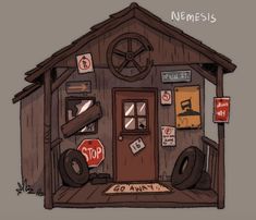 a drawing of a small wooden building with lots of signs on the door and windows