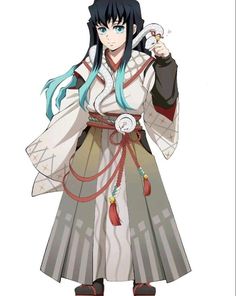 an anime character with blue hair and long black hair, wearing a white dress and holding a