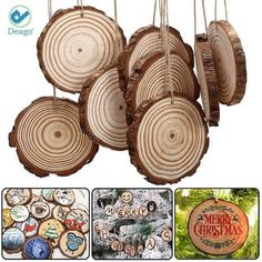 wooden ornaments are hanging from the ceiling in front of pictures and text on wood slices