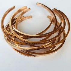 Keep one and gift one. Wear this rose gold engraved inspirational bracelet as a reminder to breathe. This dainty bangle bracelet is simple and elegant for any outfit. Shop https://thirtynineonetwenty.com/product/breathe-bracelet/ #giftideas #breathebracelet #stackbracelets #rosegoldbracelet #bracelet #jewelry #giftideasforher #inspirationalbracelet #inspirationaljewelry #inspiration #simplejewelry #accessories #mantra #womensjewelry #daintybracelet #daintyjewelry #stackbracelet #breathe #bangle Adjustable Rose Gold Bracelet For Meditation, Everyday Meaningful Bangle Bracelets, Meaningful Everyday Bangle Bracelets, Breathe Bracelet, Stamped Earrings, Handstamped Bracelet, Stack Bracelet, Stacking Bracelets, Minimalist Women