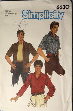 Simplicity 6630.  Vintage 1984 Men's shirt pattern.    Size:  Chest 42:, Neckband 16.   Pattern is uncut and factory folded. As described, "Top stitched shirt with front button closing has collar, set in sleeves, side slits and optional pocket.  View 1 has long sleeves with buttoned cuffs.  View 2 has short sleeve." Basic casual shirt - camp shirt, disco shirt.  It could also be used for a bowling shirt, guayabera shirt as well. Mens Shirt Pattern, Boys Sewing Patterns, Boy Sewing, Shirt Sewing, Collar Shirt Men, Girls Dress Sewing Patterns, Disco Shirt, Costume Sewing Patterns, Shirt Sewing Pattern