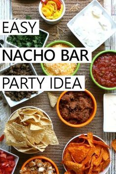 an easy nacho bar party idea with chips, salsa and tortilla chips