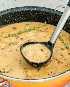 a ladle in a pot filled with soup