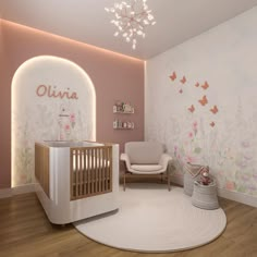 a baby's room decorated in pink and white