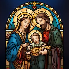 a stained glass window with the image of jesus and mary holding a baby jesus in his arms