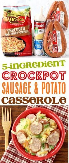 the ingredients for an egg and sausage casserole are shown in this collage