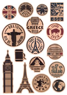 various stickers with the symbols of different countries and their names on them, including the eiffel tower