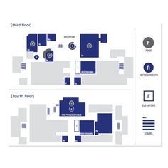 a blue and white floor plan for a building