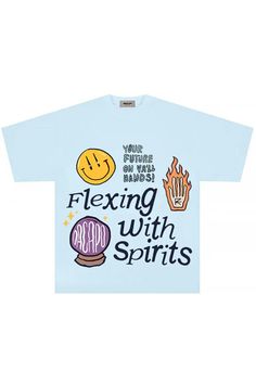 Flexing With Spirits Psychedelic Artsy Print Unisex T-Shirt 03 Unisex Trendy Graphic Design T-shirt, Unisex Blue T-shirt For Streetwear, Artsy Cotton T-shirt With Graphic Print, Trendy Blue Graphic Print T-shirt, Casual T-shirt With Letter Print For Artistic Expression, Artistic Graphic Print Short Sleeve T-shirt, Artistic Short Sleeve Top With Text Print, Artistic Relaxed Fit T-shirt For Streetwear, Trendy Blue T-shirt With Front Print