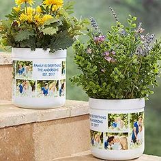 there are two flower pots with pictures on them