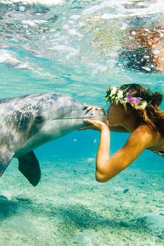 a woman is kissing a dolphin in the water with flowers on her head while she swims