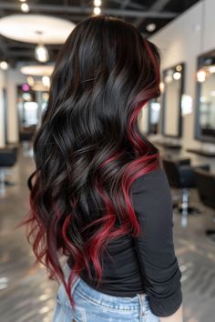 28 Red Highlights On Black Hair Hairstyles That'll Have Everyone Asking 'Who's Your Colorist?' Red Hair Ombre Brown, Black Hair Maroon Highlights, Brunette Hair With Red Money Piece, Red Hair Underneath Black, Black Hair With Red Underneath, Black Hair With Colored Highlights, Balayage Hair Red, Black Roots Red Hair